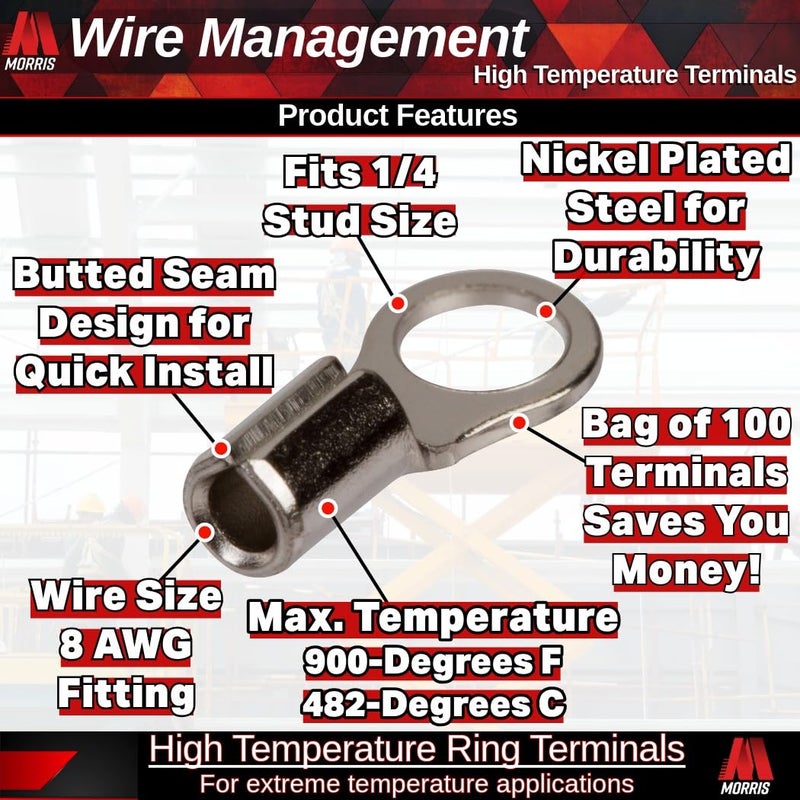 Morris Products High Temperature Ring Terminals â€“ 8 Wire Size - Â¼-inch Stud Size â€“ Nickel-Plated Steel â€“ For HVAC, Industrial Kilns, Electric Space Heaters, Commercial Ovens, Fryers â€“ Pack of 100, (12524) - Image 2